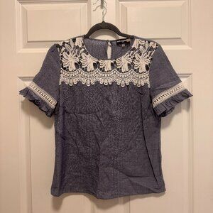 Karl Lagerfeld Paris Blue Chambray Lace Blouse Small 100% Cotton